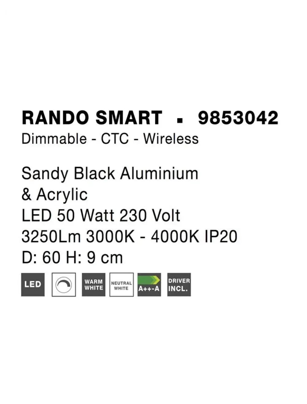 Plafoniera din Aluminiu Negru H9xL60cm IP20 50W 2864lm 3000-4000k RANDO SMART