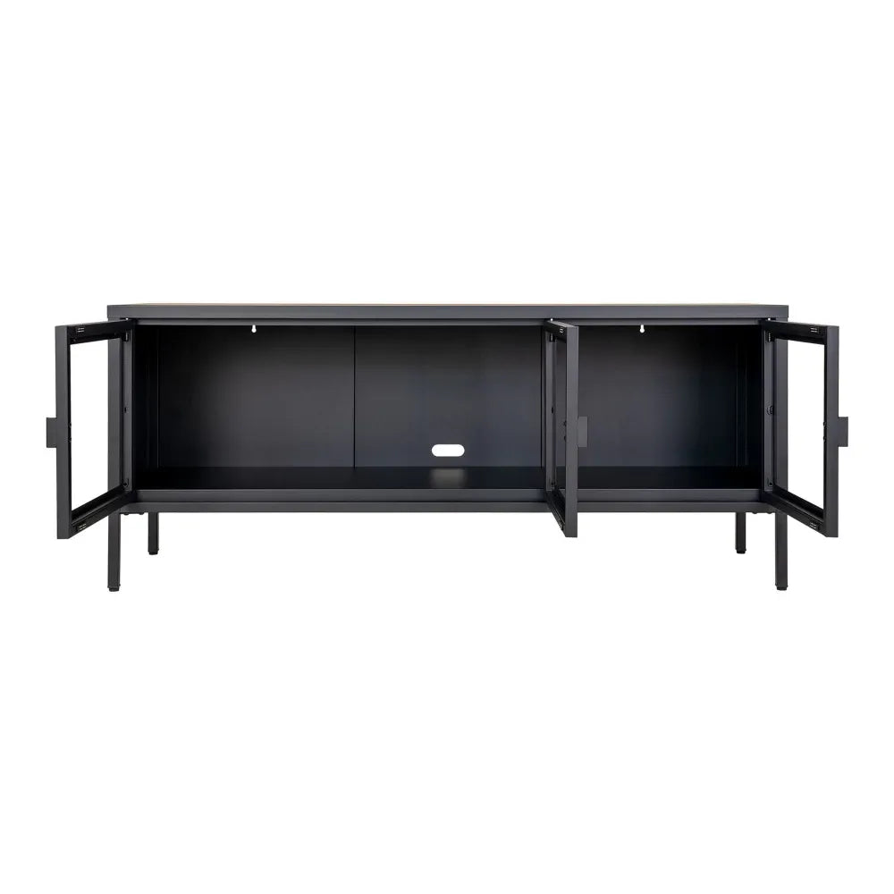 Comoda TV cu 3 usi din Sticla transparenta si Metal Negru L130xH55cm Brisbane
