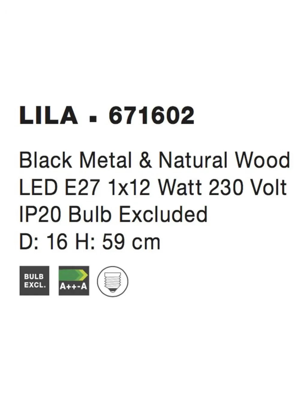 Veioza structura din Metal si Lemn Negru si abajur din Metal Negru H59xL16cm IP20 LILA