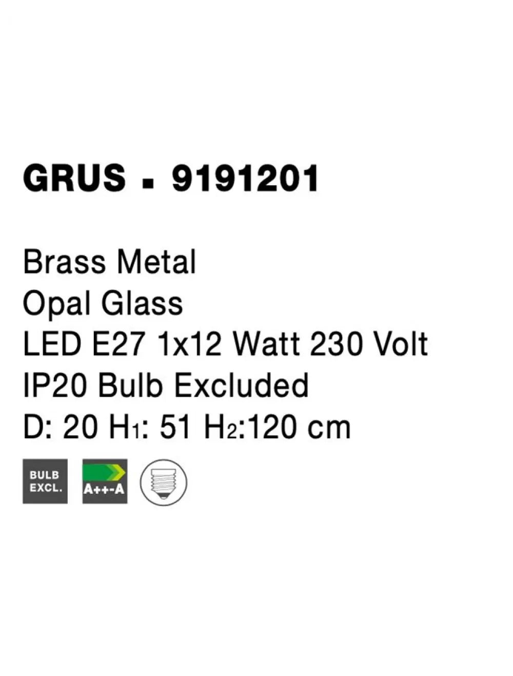 Pendul structura din Metal Alama si abajur din Sticla Alb H120xL20cm IP20 GRUS