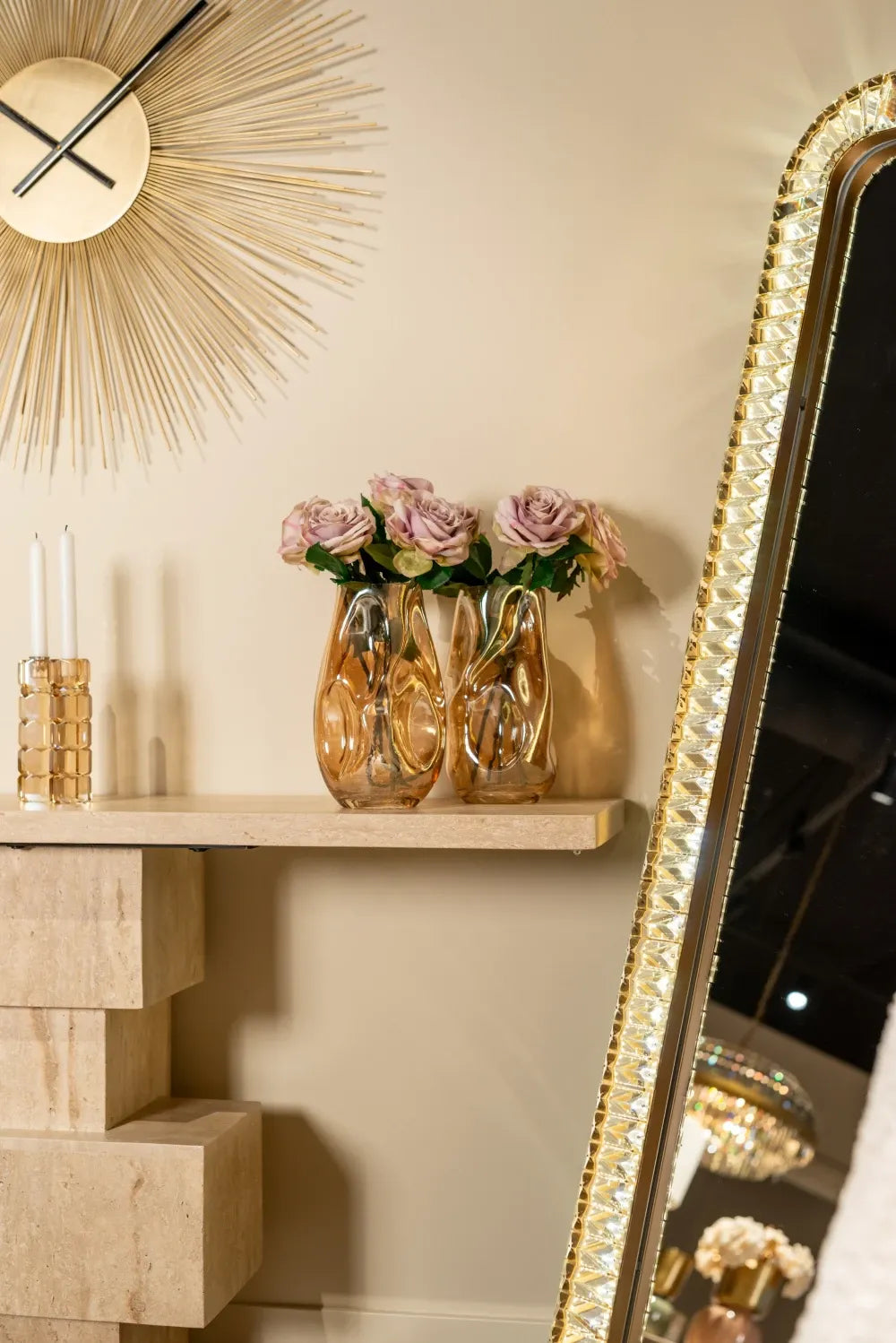 Oglinda cu iluminare din Metal/Cristal Bronz/Transparent L74xH171cm Khalo