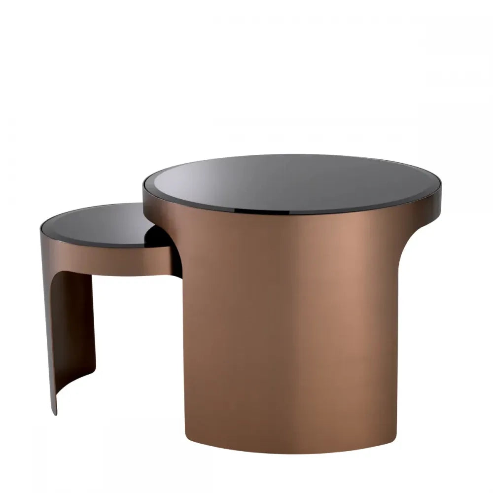 Set 2 masute laterale Rotunde din Otel inoxidabil Cupru si Sticla Negru D40/60xH38/46.5cm Piemonte Eichholtz