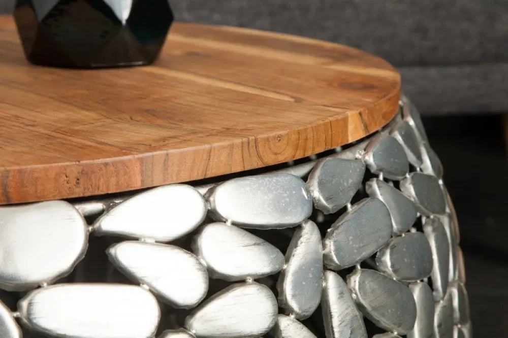 Set 2 masute de cafea Rotunde din Lemn masiv de mango Maro si Metal Argintiu D54/66xH31.5/35cm Stone Mosaic