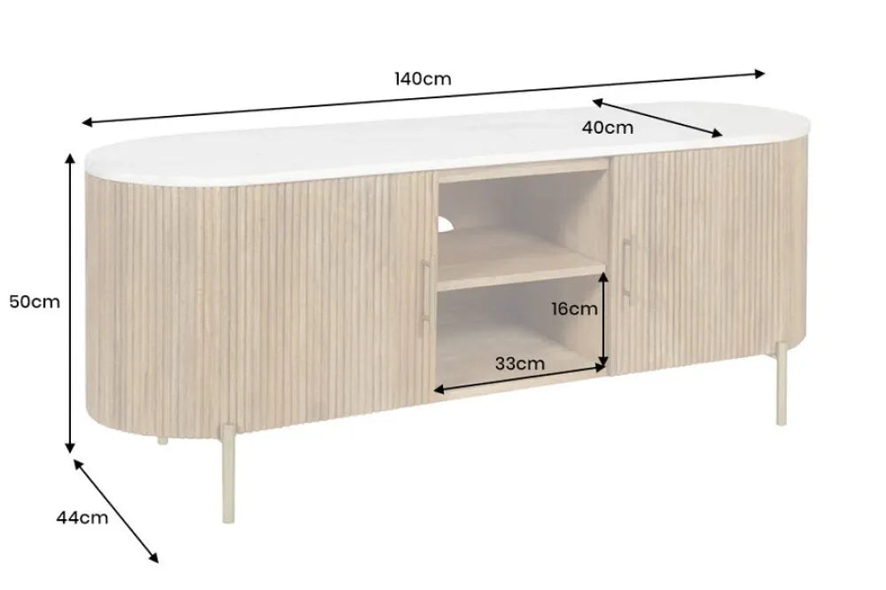 Comoda TV din Marmura Alb si Metal/Lemn de mango Auriu/Maro L140xH51cm TRES CHIC
