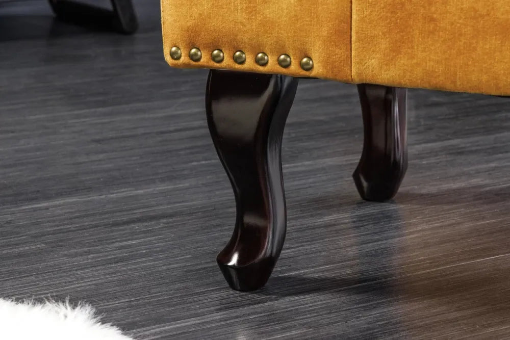 Puf din Lemn de pin Maro inchis si Catifea Galben H40xL80cm Chesterfield