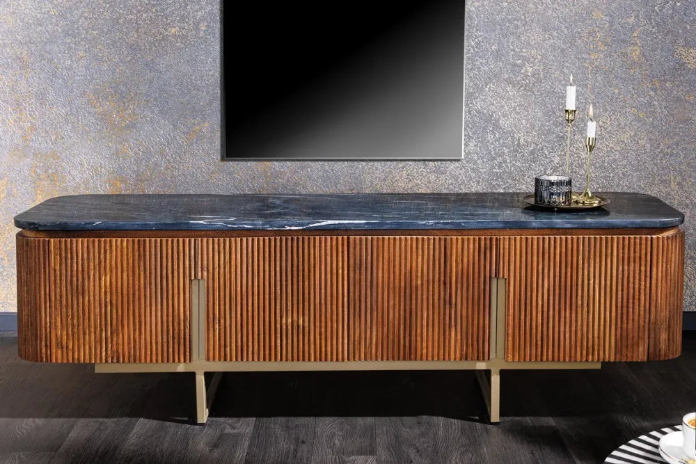 Comoda TV din Marmura Negru si Lemn de mango/Metal Maro/Auriu L160xH50cm GATSBY