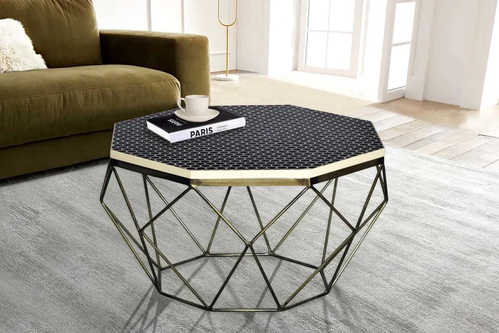 Masuta de cafea din Polirasina/Oase Negru/Alb si Metal Alama L69xH39cm Diamond bone inlay