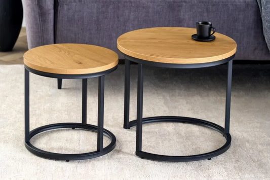 Set 2 masute laterale Rotunde din Lemn stratificat Maro si Metal Negru D35/45xH35/40cm Elegance
