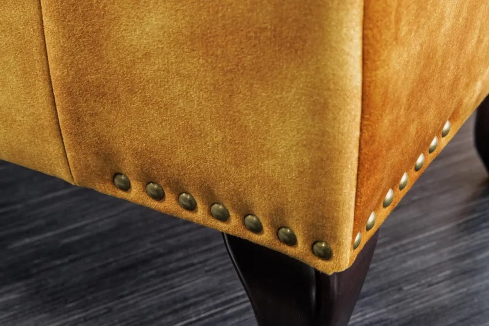 Puf din Lemn de pin Maro inchis si Catifea Galben H40xL80cm Chesterfield