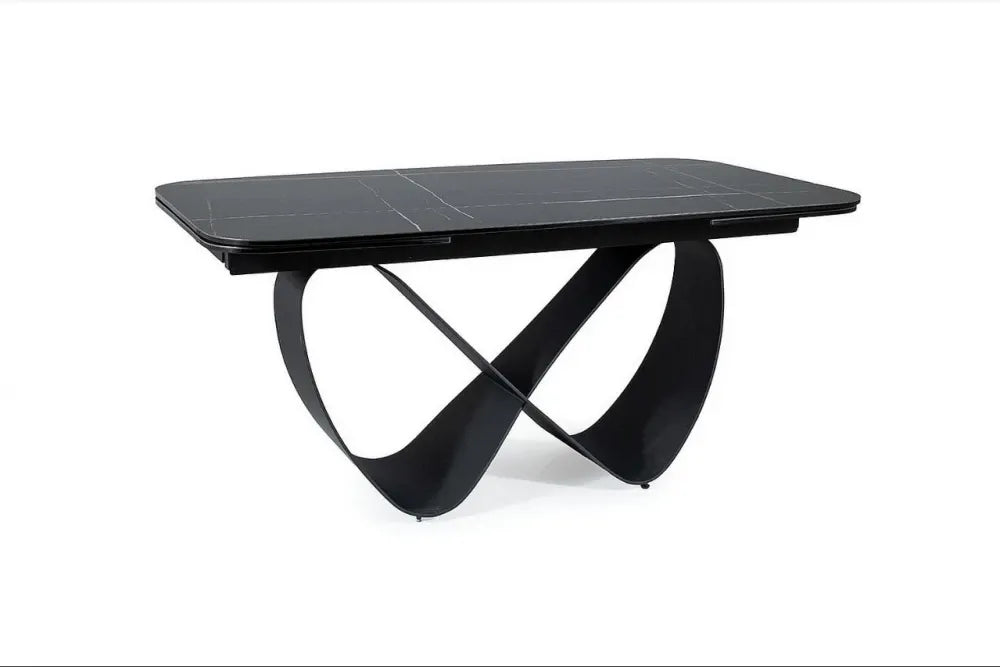 Masa extensibila cu blat din Sticla securizata + Ceramica cu efect de marmura Negru cu baza din Metal Negru L160-240cm Infinity