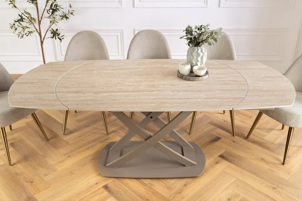 Masa extensibila din Ceramica Bej si Metal Grej L130-190xH75cm Inception