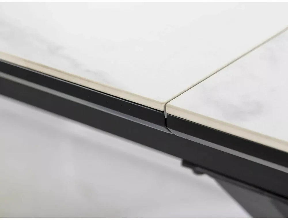 Masa Extensibila de 10 persoane din Ceramica+MDF Alb mat cu efect de marmura si Metal Negru mat L160-200xH75cm Logan