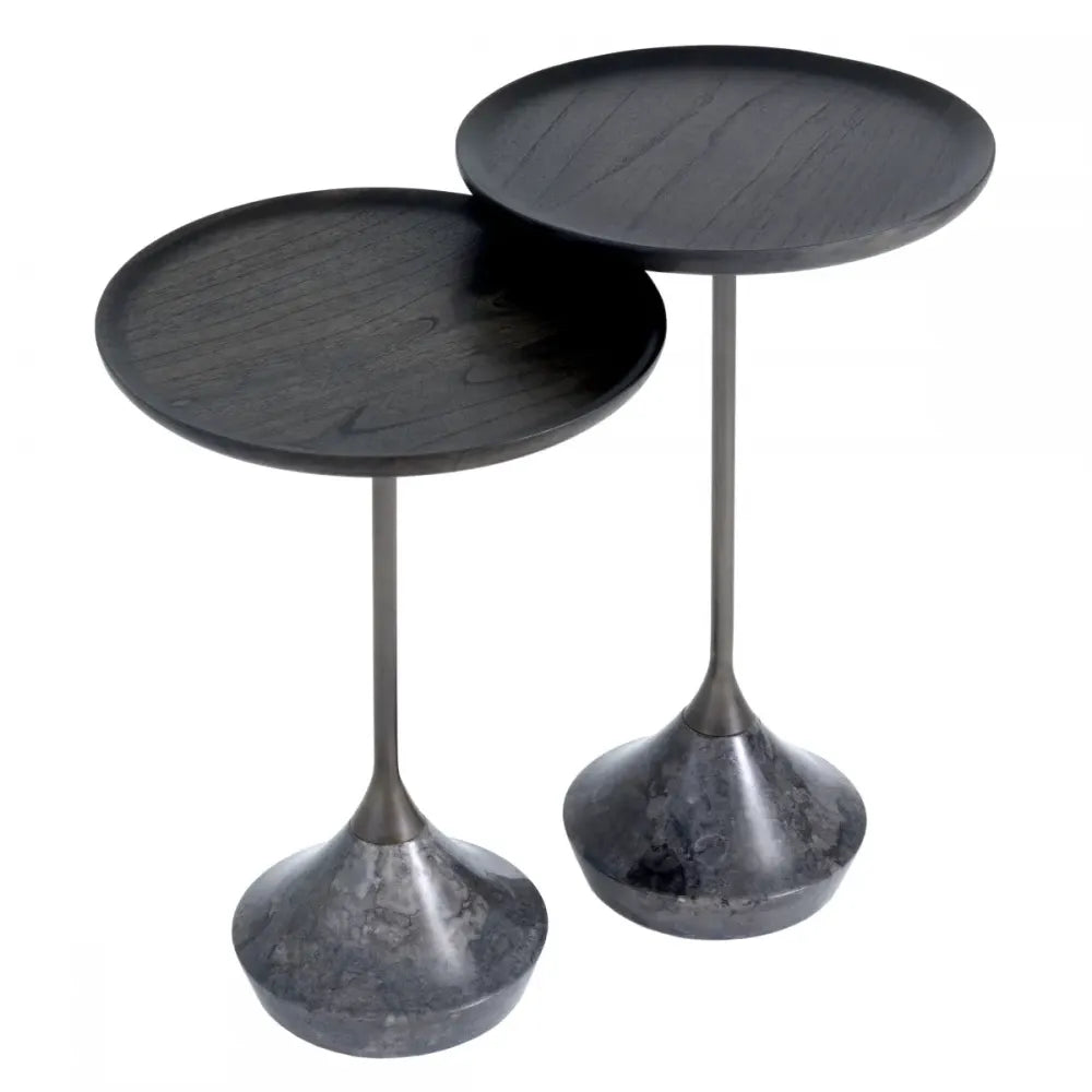 Set 2 masute laterale Rotunde din Marmura/ Metal Gri/Bronz si Lemn de mindi Maro D35xH50.5/56cm Puglia Eichholtz