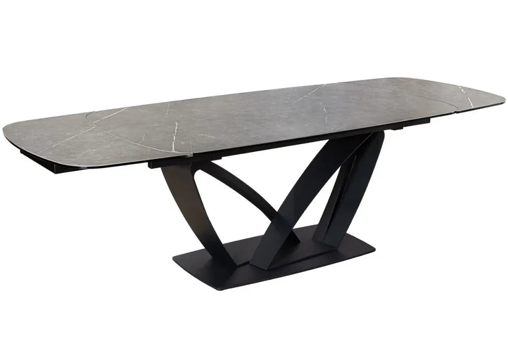 Masa din Sticla securizata/Ceramica Gri cu efect de marmura si Metal Negru L180-220-260xH76cm Papillon