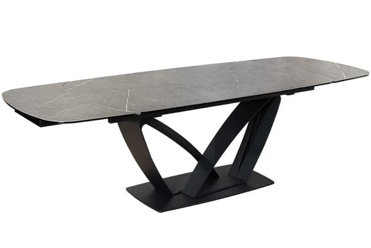 Masa din Sticla securizata/Ceramica Gri cu efect de marmura si Metal Negru L180-220-260xH76cm Papillon