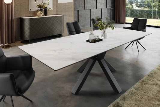 Masa din Sticla securizata/Ceramica Alb cu efect de marmura si Metal Negru L160-200xH76cm Eternity