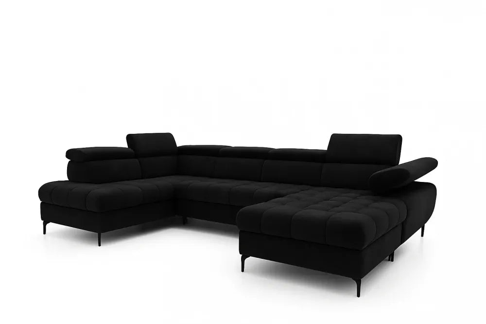 Coltar extensibil in forma de U si spatiu depozitare din catifea negru Ferruce III L344 x 202cm
