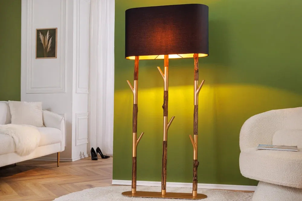 Lampa de podea din Metal/Lemn Auriu/Maro si Textil Negru L70xH154cm JEWELRY