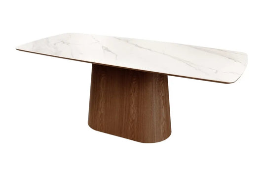 Masa din Ceramica Alb cu efect de marmura si Furnir de nuc Maro inchis L200xH76cm Unique