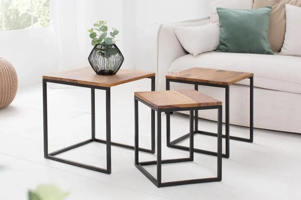 Set 3 masute laterale Patrate din Lemn de sheesham Maro si Metal Negru L30/35/40xH36/40/42cm Elements
