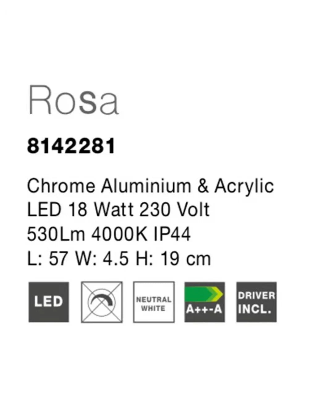 Aplica de perete structura din Aluminiu Argintiu si abajur din Acrilic Alb H19xL57cm IP44 18W 530lm 4000k ROSA