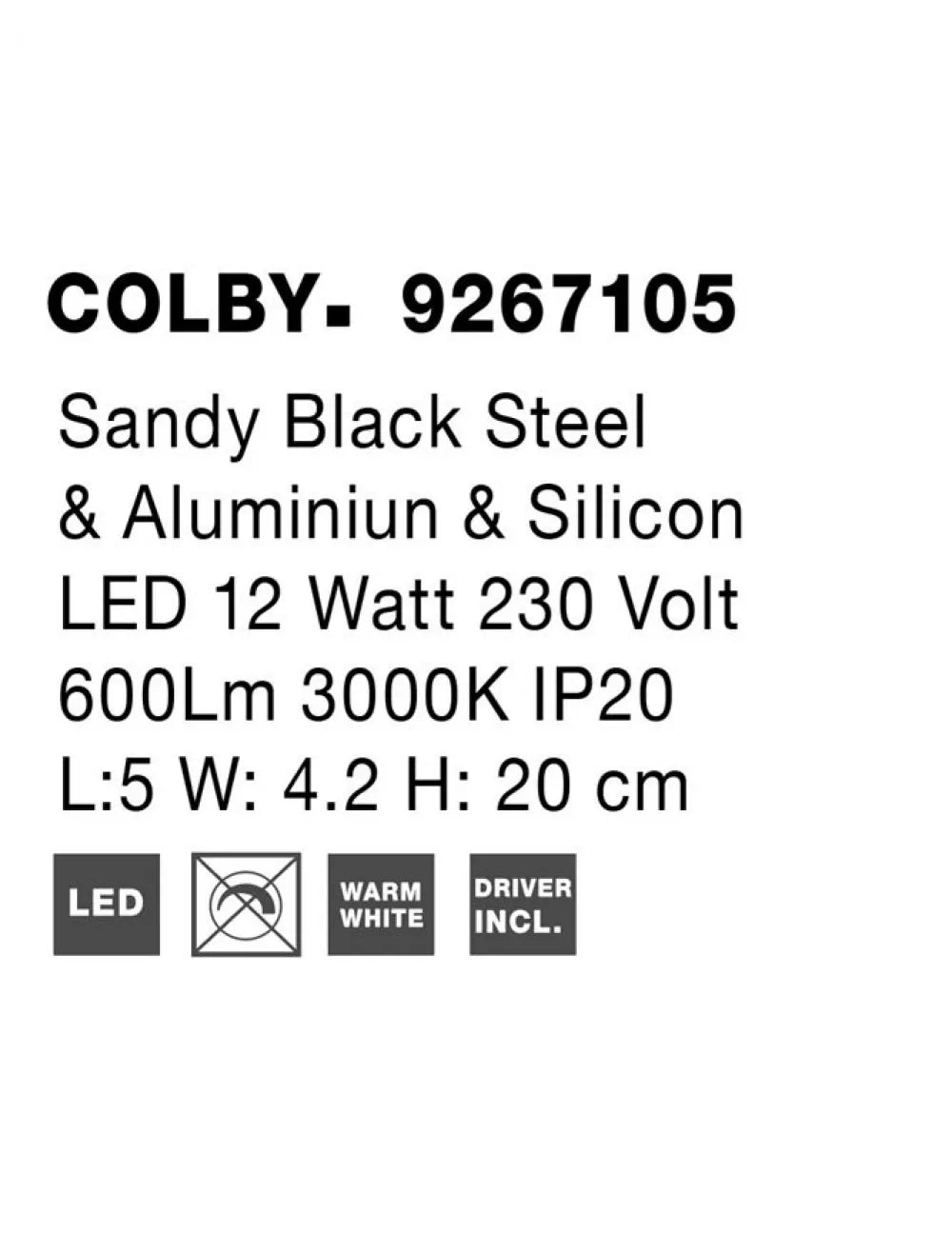 Aplica de perete din Aluminiu Negru H20xL5cm IP20 12W 600lm 3000k COLBY