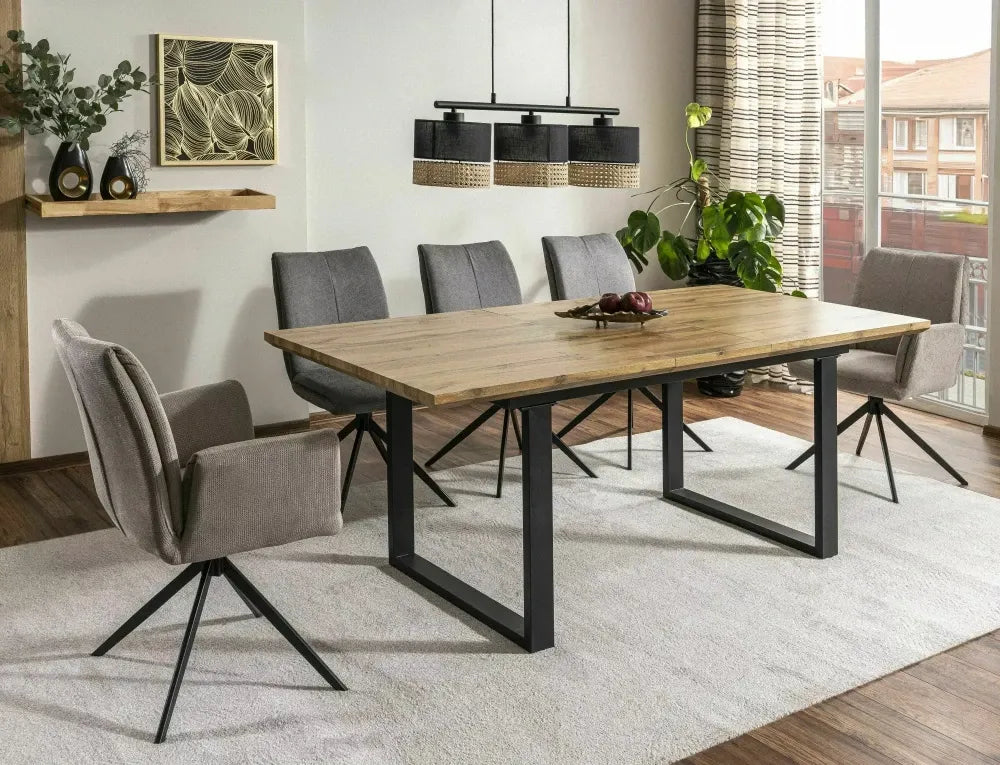 Masa extensibila din MDF+Furnir de stejar Maro si Metal Negru L160-240xH76cm Umberto II