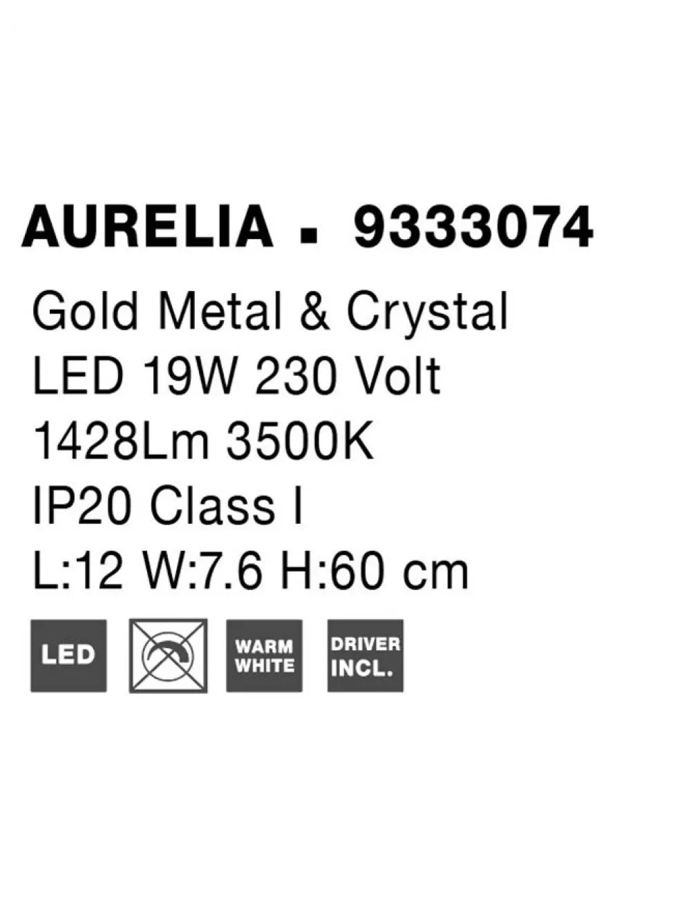 Aplica de perete structura din Metal Auriu si abajur din Cristal Transparent H60xL12cm IP20 19W 1428lm 3500k AURELIA