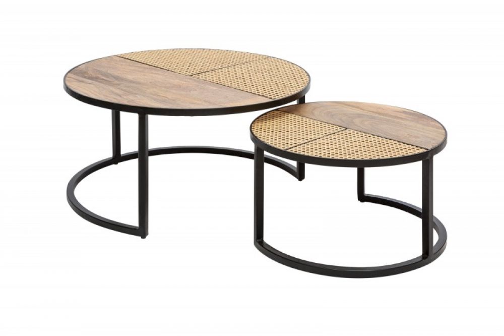 Set 2 masute de cafea rotunde din lemn masiv de mango si Metal Maro/Negru D70/50xH36/30cm Vienna Lounge
