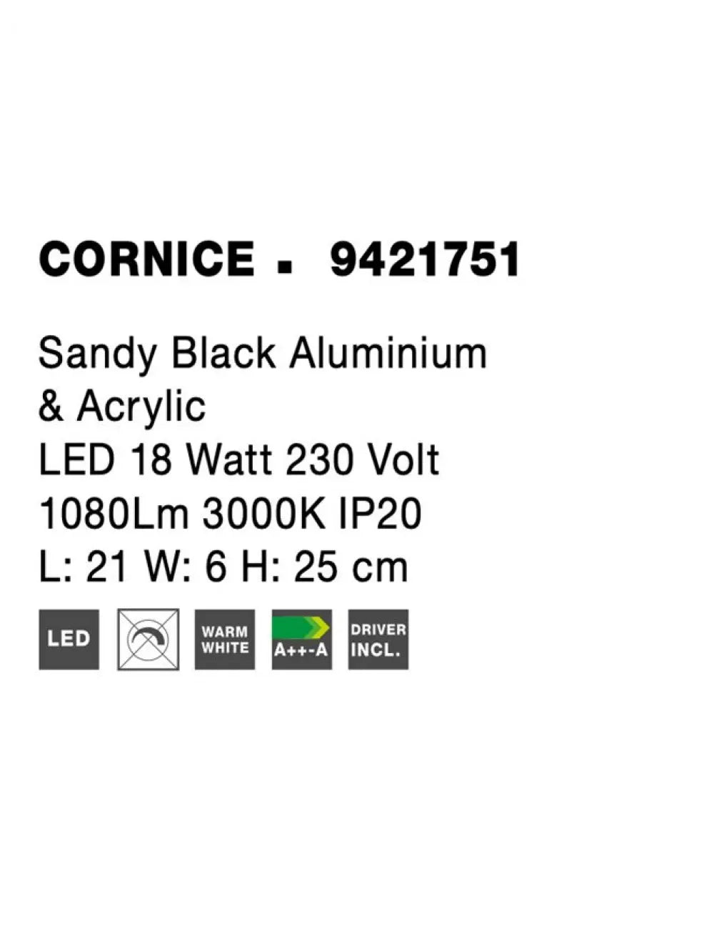 Aplica de perete din Aluminiu Negru H25xL21cm IP20 18W 1080lm 3000k CORNICE
