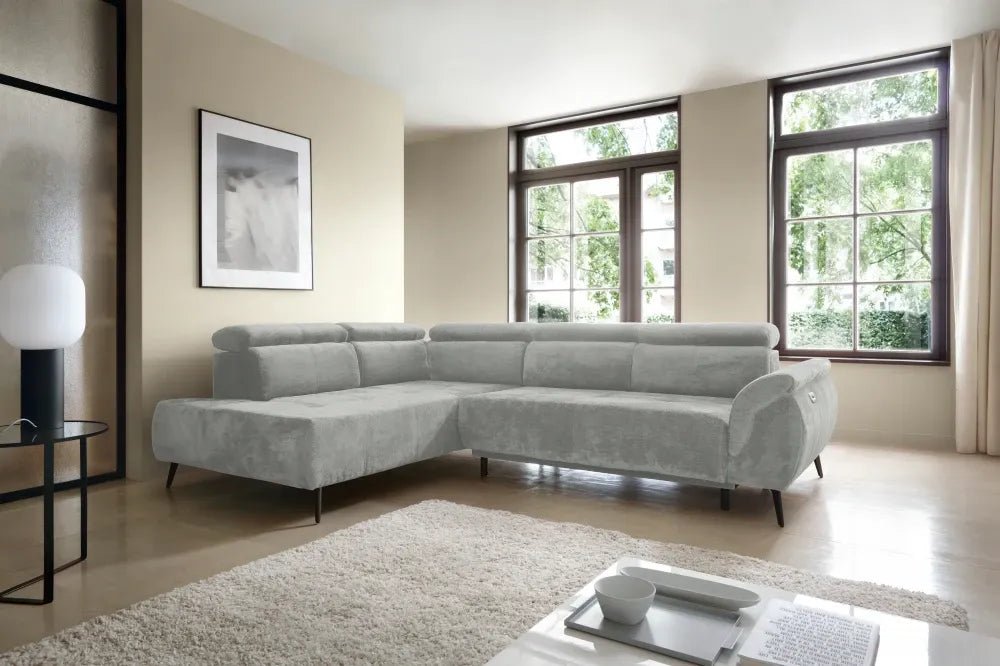 Coltar extensibil electric tapitat cu Chenille Gri deschis cu lada depozitare Genova II