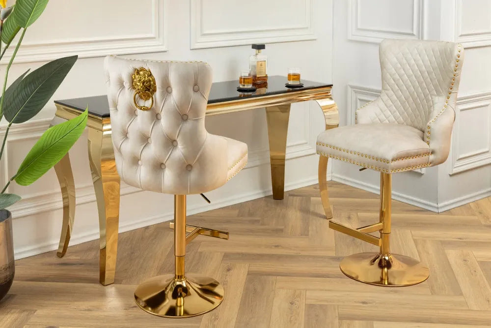 Set 2 scaune de bar din Otel inoxidabil Auriu si Catifea Bej H108-130xL50cm Castle