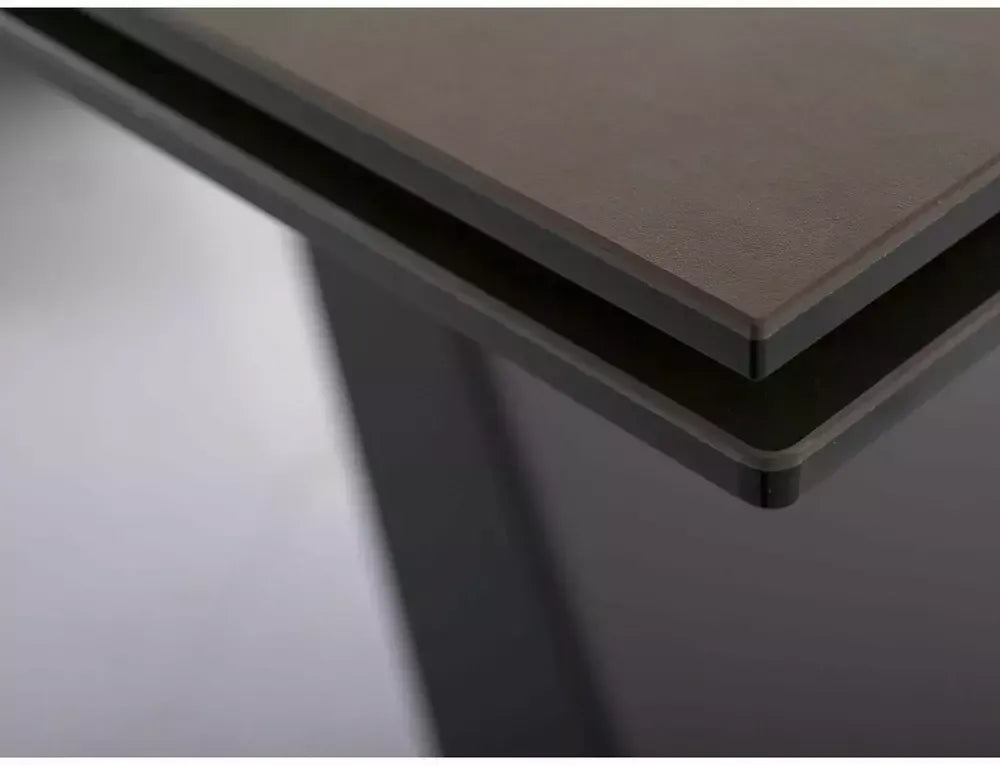 Masa Dreptunghiulara de 12 persoane din Sticla securizata+Ceramica Maro ossido bruno si Metal Negru mat L160-240xH77cm Westin