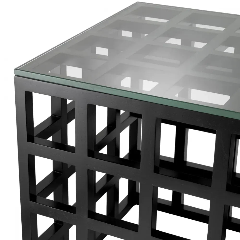 Masuta laterala Patrata din Lemn de mindi Negru si Sticla Transparent L52xl52cm Cubico Eichholtz