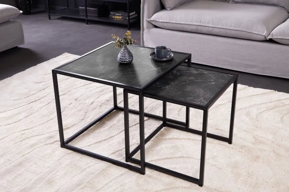 Set 2 masute laterale Patrate din Lemn stratificat Gri antracit si Metal Negru L40/50xH40/45cm Slim