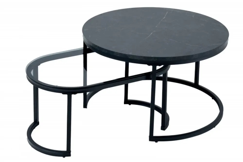 Set 2 masute de cafea Rotunde din Lemn stratificat/Sticla securizata Negru si Metal Negru D72xH42cm Elegance