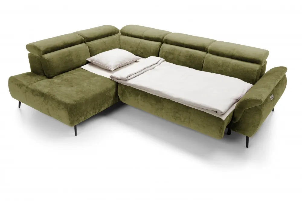 Coltar extensibil electric tapitat cu Chenille Verde cu lada depozitare Genova II