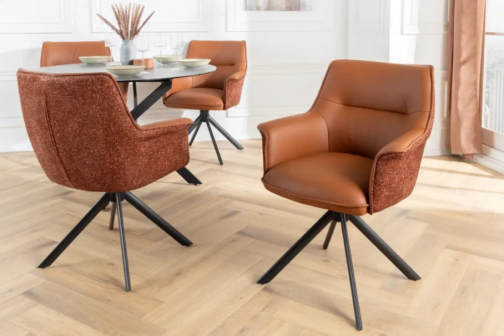 Set 2 scaune rotative tapitat cu Piele/Stofa Maro cognac si picioare din Metal Negru H87xL68xA68cm LE GRAND