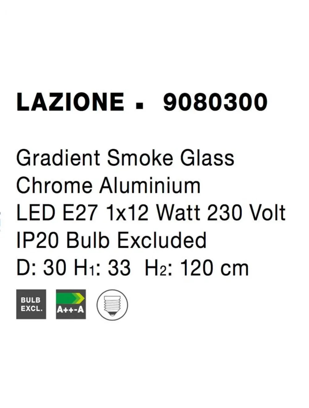 Pendul structura din Aluminiu Argintiu si abajur din Sticla Fumuriu H120xL30cm IP20 LAZIONE