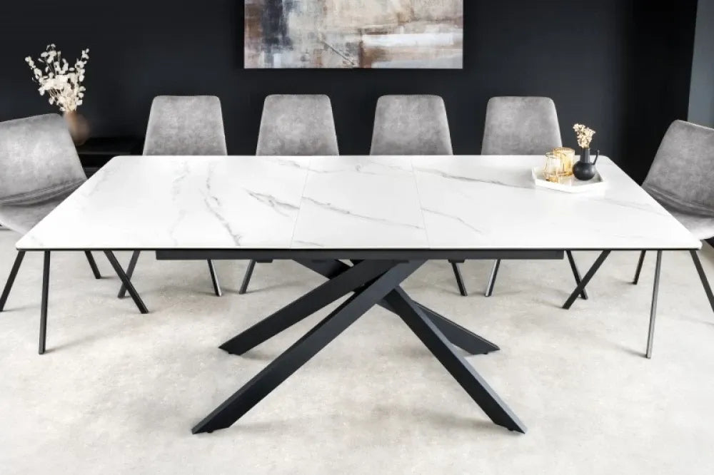 Masa extensibila Dreptunghiulara de 6-8 persoane din Ceramica Alb si Metal Negru L160-200xH76cm Alpine