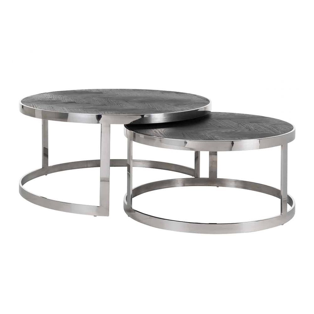 Set 2 masute de cafea rotunde din Lemn de stejar si Otel inoxidabil Negru/Argintiu Richmond Blackbone Silver