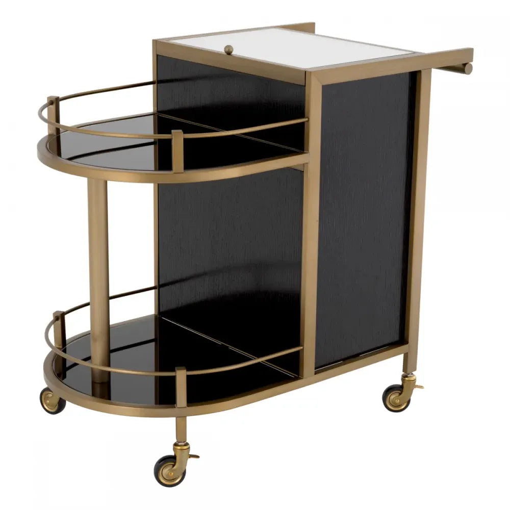Carucior de servire Asimetrica din Otel inoxidabil/Furnir de stejar Alama/Negru si Oglinda L88xl50cm Bellini Eichholtz