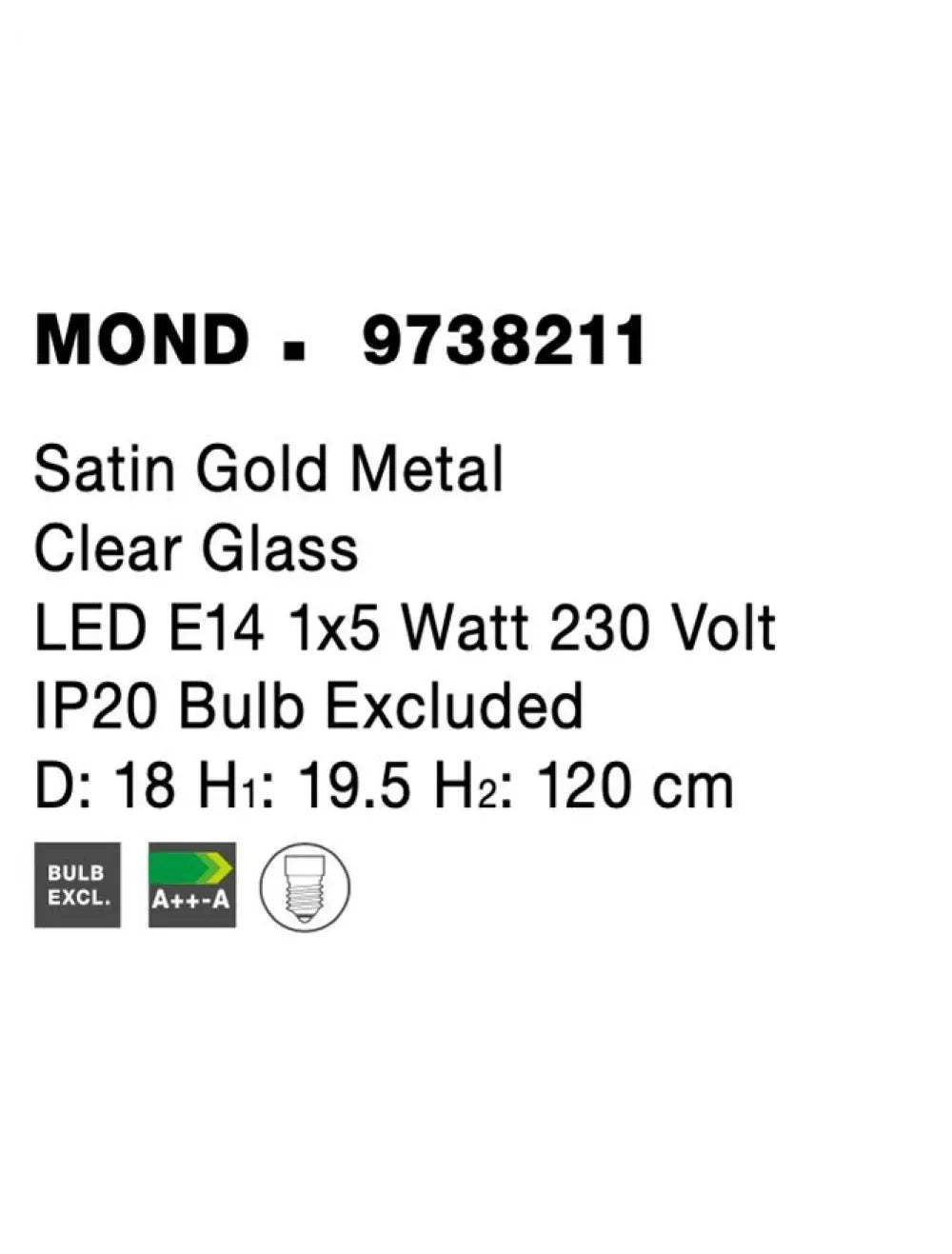 Pendul structura din Metal Auriu si abajur din Sticla Transparent H120xL18cm IP20 MOND