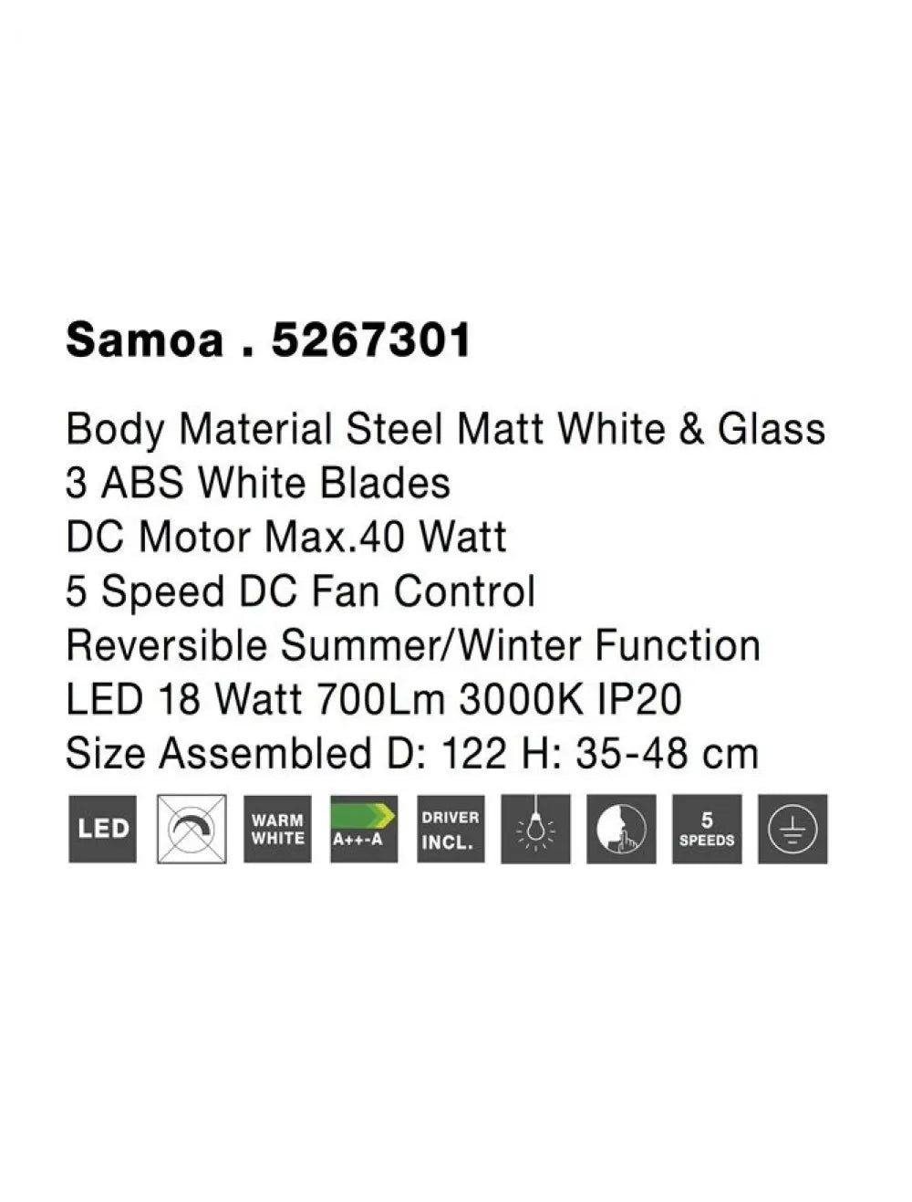 Ventilator structura din Metal Alb si abajur din Sticla Alb H35-48xL122cm IP20 18W 650lm 3000k SAMOA