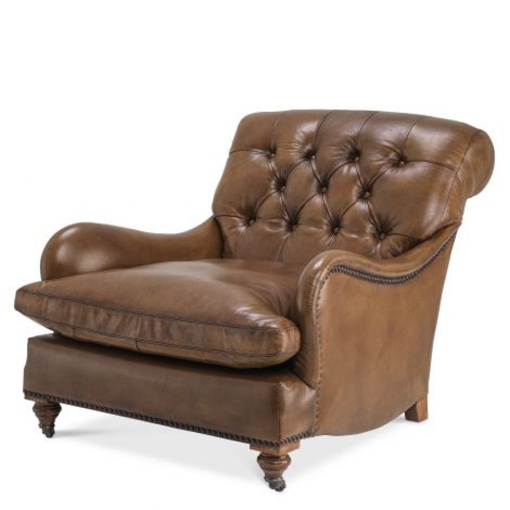 Fotoliu din Piele Maro cu baza din Lemn Maro H76xL75xA70cm Club Caledonian