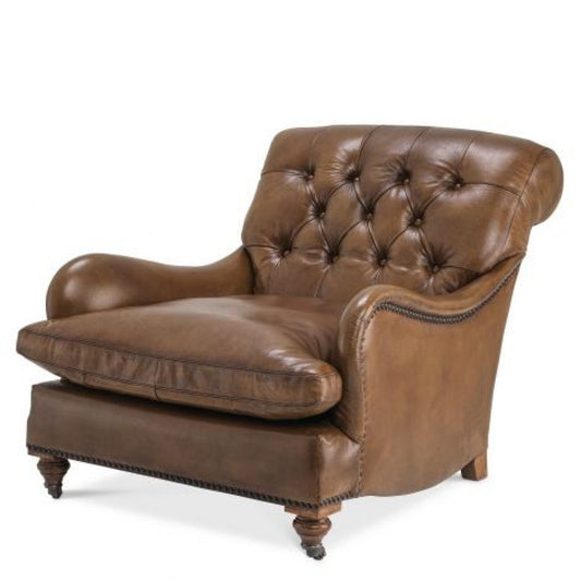 Fotoliu din Piele Maro cu baza din Lemn Maro H76xL75xA70cm Club Caledonian