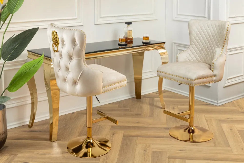 Set 2 scaune de bar din Otel inoxidabil Auriu si Catifea Bej H108-130xL50cm Castle