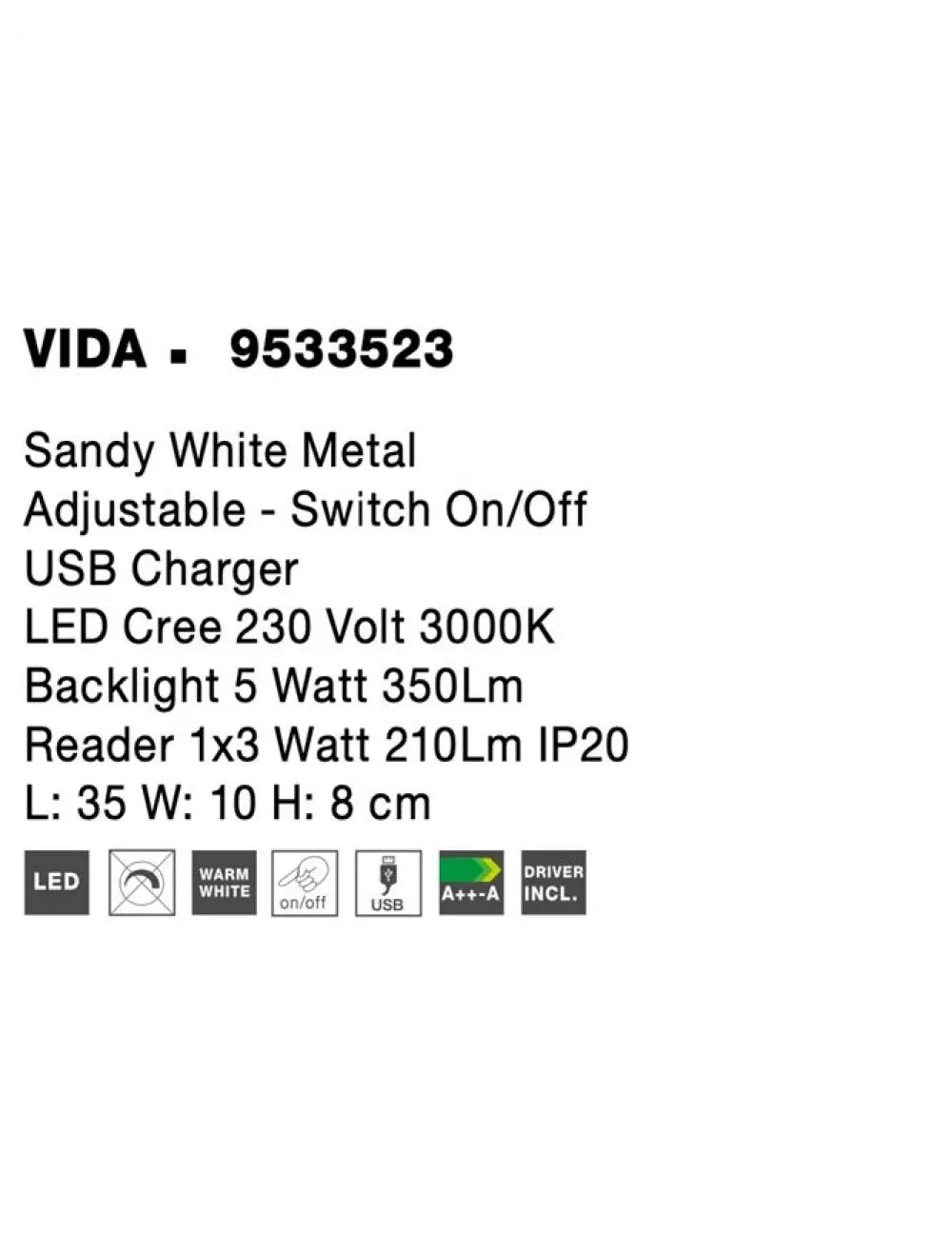 Aplica de perete structura din Metal Alb si abajur din Acrilic  H8xL35cm IP20 8W 560lm 3000k VIDA