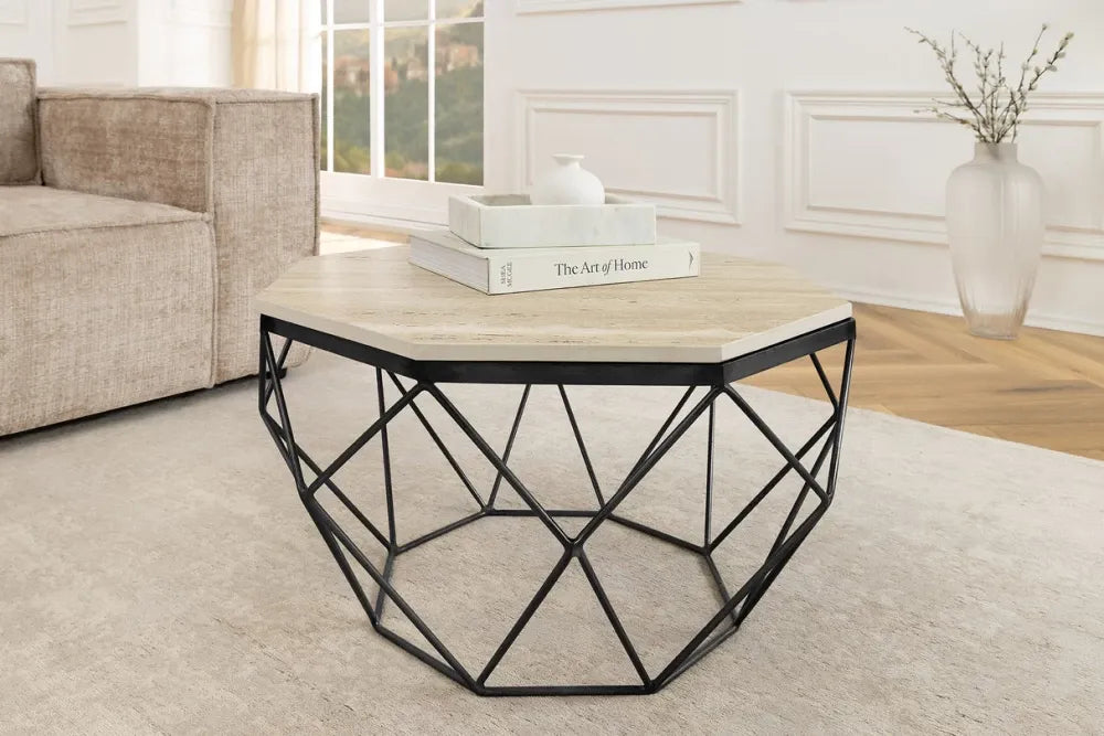 Masuta de cafea din Travertin Bej si Metal Negru L70xH38cm Diamond