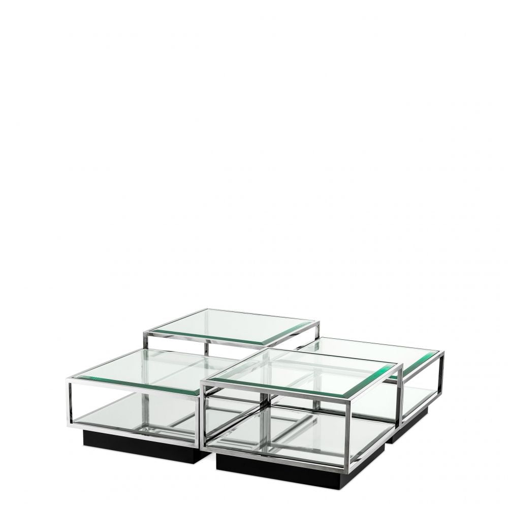 Set 4 masute de cafea Patrate din Otel inoxidabil si Sticla Argintiu/Transparent L65xH32/40cm Tortona